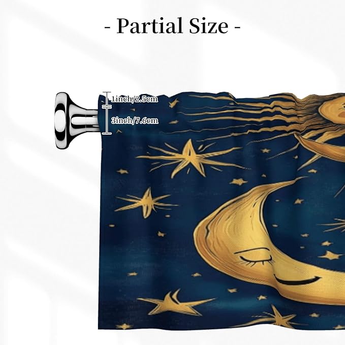 Whimsical Golden Sun, Moon, Stars Night Curtain Valance Peach Skin Velvet Printed Window Valance with Rod Pocket Light Filtering for Kitchen Bathroom 54x18in