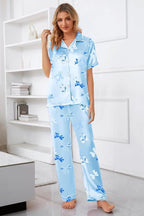 Umeyda Girls Womens Pajamas Set, Satin Silky Button Down Loungewear 2 Piece Short Sleeve Pants PJS Sets for Mommy Kids