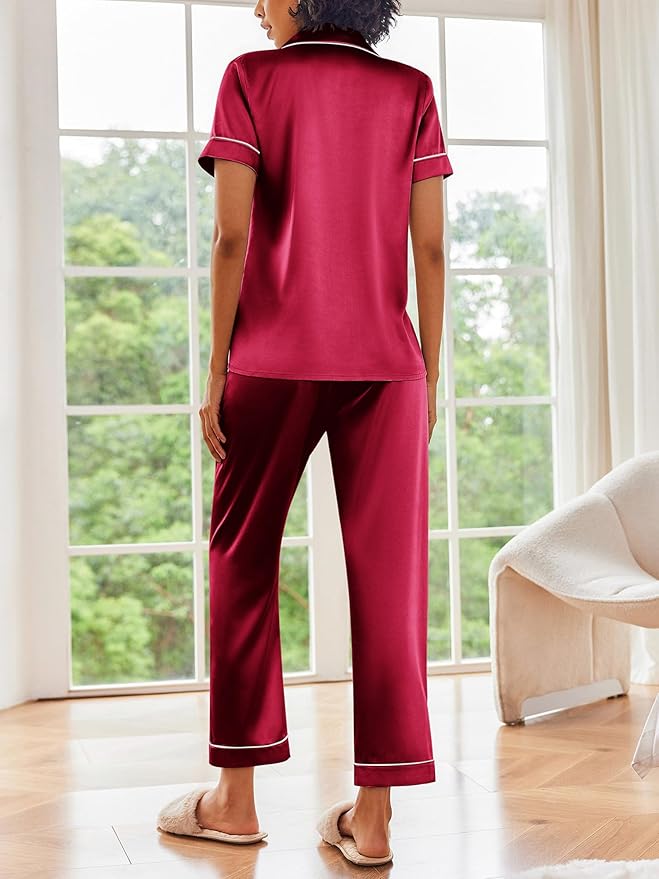 Ekouaer Silk Satin Pajamas Set Women Short Sleeve Sleepwear Soft Button Down Loungewear Pjs Set