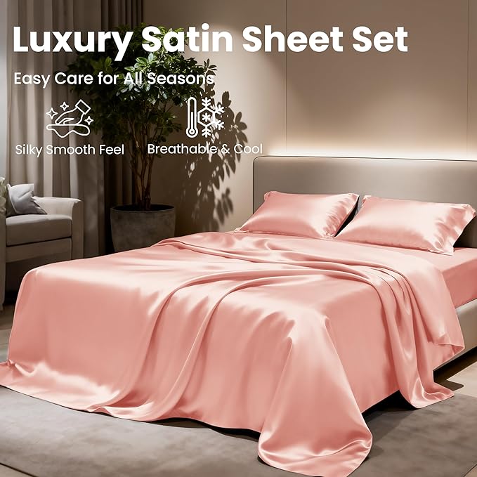 Love's cabin Full Size Satin Sheet Sets - 4 Piece Coral Silky Satin Sheet Set Full with Deep Pocket, Luxury Silk Feel Satin Bed Sheets Full Bedding Set (1 Flat Sheet,1 Fitted Sheet,2 Pillow Cases)