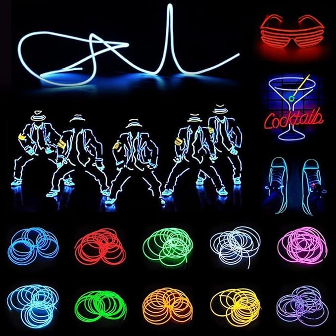 JIGUOOR EL Wire Battery Pack 16.4ft / 5m Bright Neon Light Strip 360° Illumination Neon Tube Rope Lights for DIY, Festival, Party Decoration, Pub, Halloween, Chrismas (16.4ft / 5m, Fluorescent Green)
