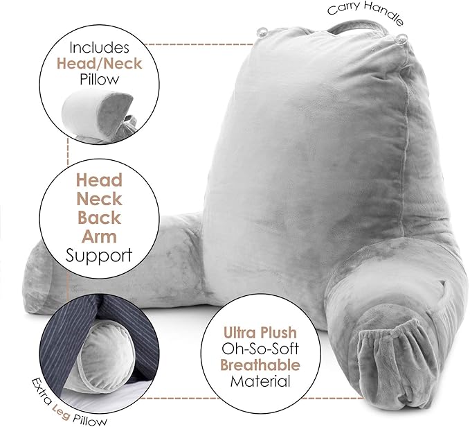 Clara Clark Reading Pillow with Shredded Memory Foam Includes 2 Neck and Lumber Support Pillows, Designed for Sitting Up in Bed and Couch Back and Arms Adjustable Support for Adults & Teens Light Grey