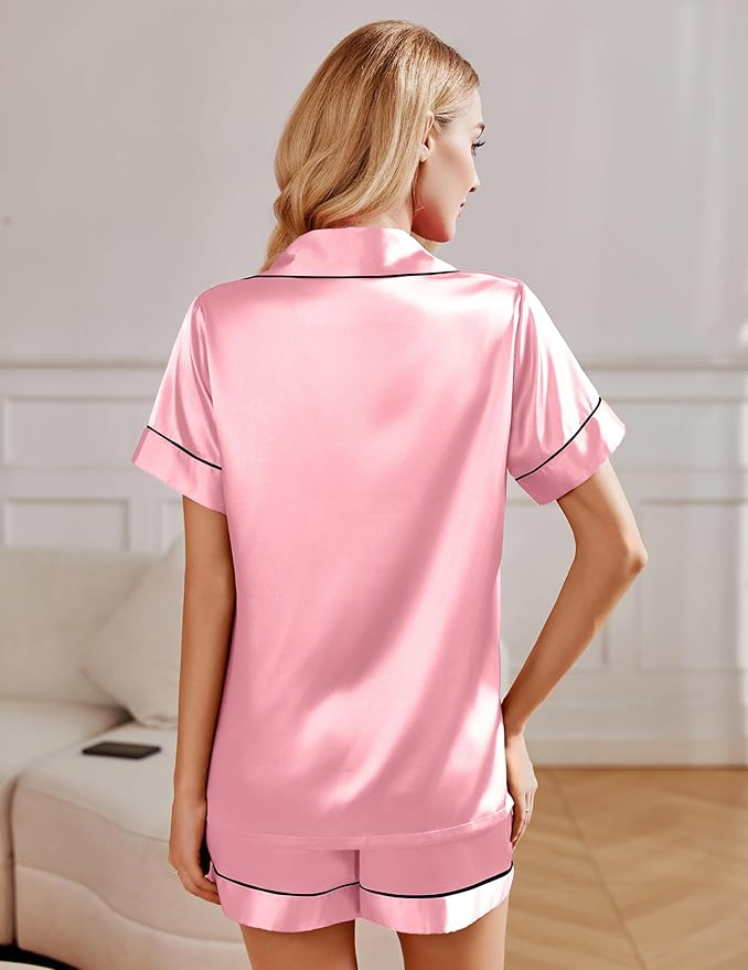 Ekouaer 2 Pack Pajama Sets for Women Silk Satin Pj Short Sleeve Button Down Sleepwear Top and Shorts Summer Lounge Set S-XXL