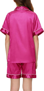 EPLAZA Kids Satin Pajamas Sets Girls Boys Button-Down Silky Pajamas Sleepwear with Hairband Eye Mask Hair Tie