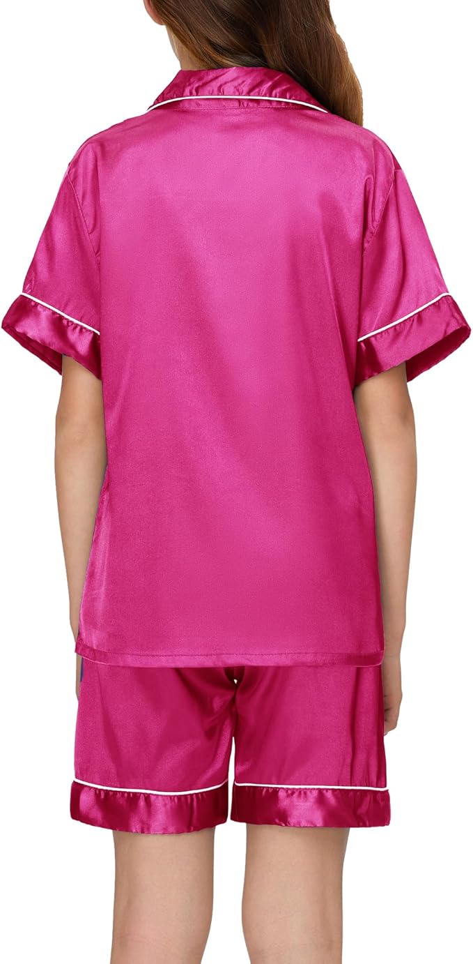 EPLAZA Kids Satin Pajamas Sets Girls Boys Button-Down Silky Pajamas Sleepwear with Hairband Eye Mask Hair Tie