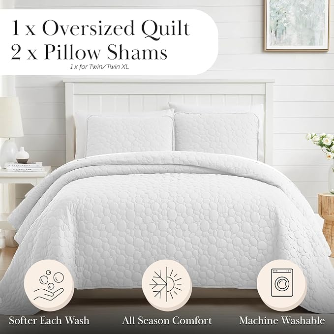 Southshore Fine Living, Inc. Oversized Quilt Bedding Set Lightweight, Prewash Fabric Soft Coverlet Bedspread 2-Piece with One Matching sham (68 in Wide x 98 in Long), Twin/XL, Pebble White