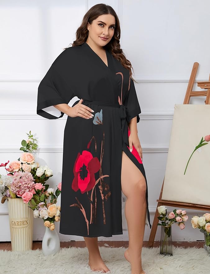 Kihnop Women's Floral Long Kimono Robe Long Satin Robe Long Silk Robe Ladies Kimonos Silky Bathrobe Cover Up, One Size