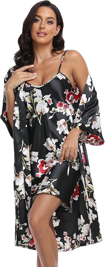 Women's Satin Robes Set with Nightgown Silk Kimono Pajamas 2 Piece Sleepwear Camisole Wedding Bride Gown Set