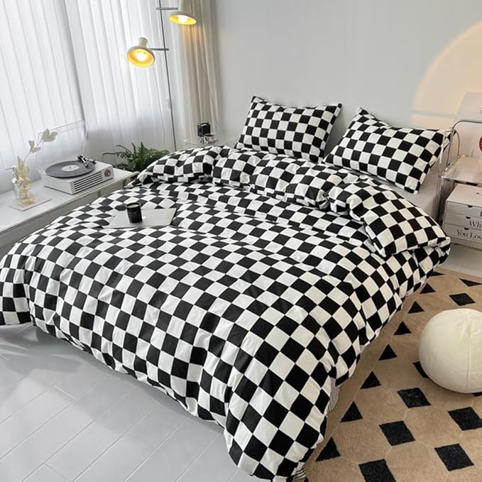 CLOTHKNOW Black White Plaid Queen Comforter Set Grid Bedding Comforter Sets Soft Checker Geometric Queen Comforter with 2 x Pillow Cases