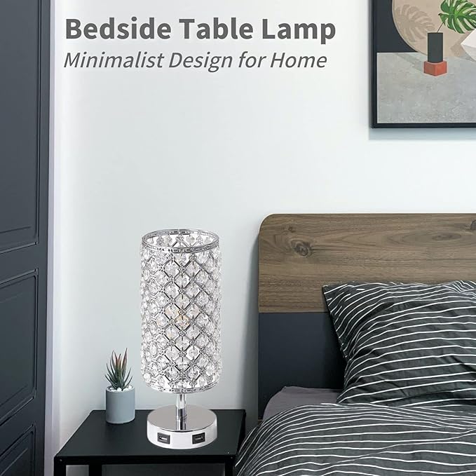 Crystal Table Lamps, Touch Silver Lamp Bedside Bedroom Desk Lamp with 2 USB Charging Port Nightstand Night Light Room Decor for Kids Room, Home Office, Living Room,Bar, Restaurant