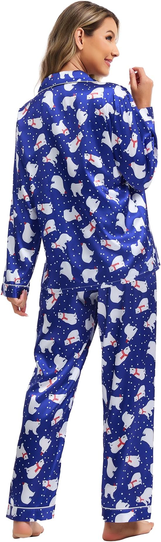 SWOMOG Womens Silk Satin Pajamas Set Long Sleeve Button Down Sleepwear 2 Piece Lounge Set Pj Set XS-3XL