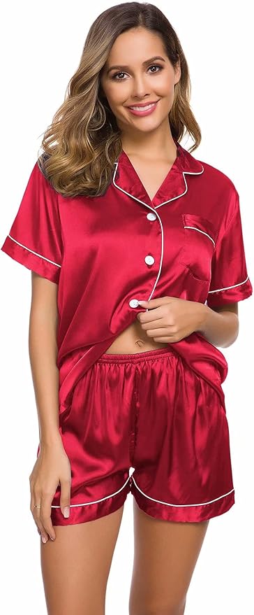 LecGee Womens Silk Satin Pajamas Short Sleeve Loungewear Two-Piece Sleepwear Button-Down Pj Set
