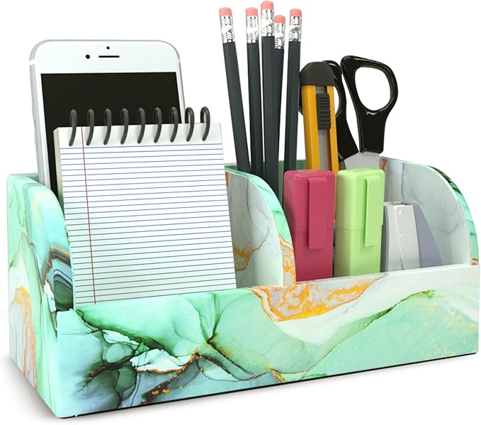 QIELIZI PU Leather Supply Organizer,Remote Control Holder Multifunctional Office Stationery Storage Box Organizer,Pencil Holders Organizers Table Top Desktop Desk Accessories(1-Splash Ink)