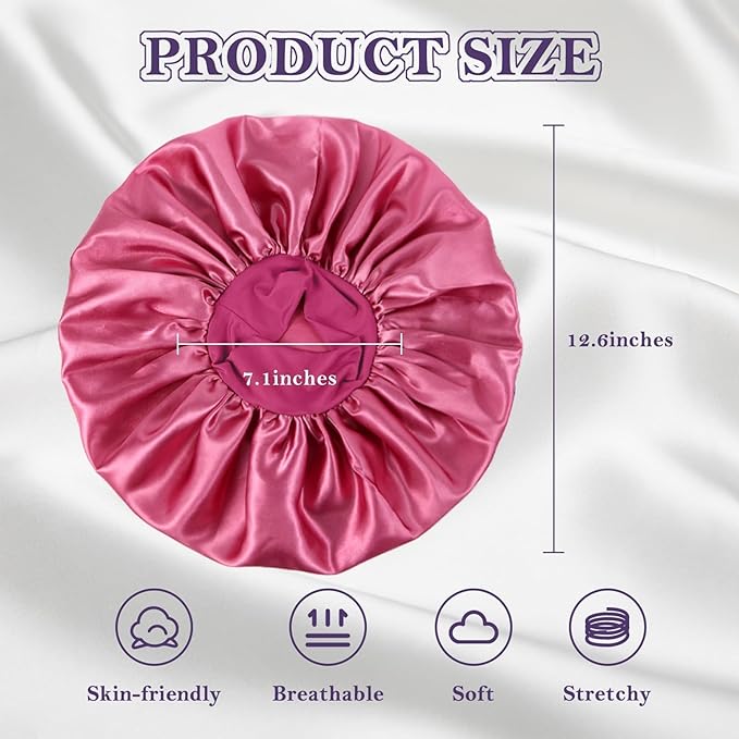 ZHENSILK 2Pcs Silk Bonnet for Sleeping, Satin Hair Bonnets, Soft Elastic Band Silk Sleep Cap, Hair Wrap for Women(Peacock Blue Rose Red)