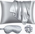 Satin Pillowcase for Hair and Skin, Vegan Silk Pillowcase Set-2 Satin Pillowcases, 1 Eye Mask, 1 Scrunchie-Luxury Sleep Set, Silver Gray Pillow Cases with Envelope Closure Standard Size