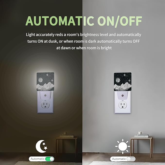 Night Sky Mountains Night Light, Moon Night Light Plug into Wall with Dusk to Dawn Sensor, LED Lamp Energy Saving Lights for Men Women Boys Girls,Lamp for Bedroom Bathroom Hallway