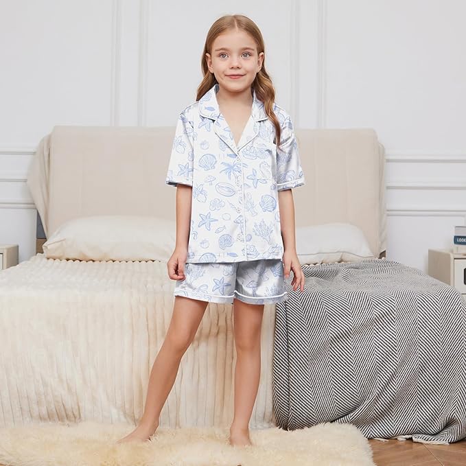 QPANCY Kids Satin Pajamas Sets Baby Boy Girl Button-Down Silk Sleepwear 2 Piece Short Sleeve Loungewear Clothes Set