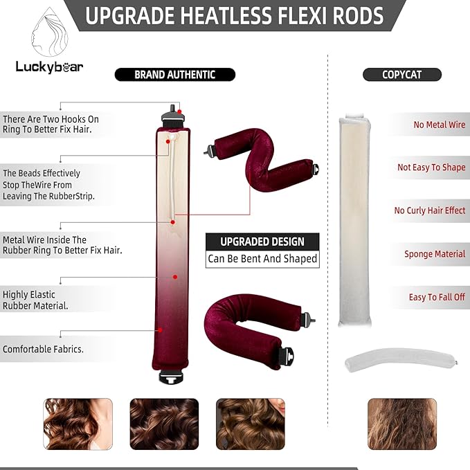 Heatless Curls Overnight Rods Jumbo Set, Heatless Hair Curler Velvet Satin Jumbo Flexi Rods to Sleep in, No Heat Overnight Sleeping Blowout Curls Wave Styling Tools with Silk Scarf 4pcs Wine Red