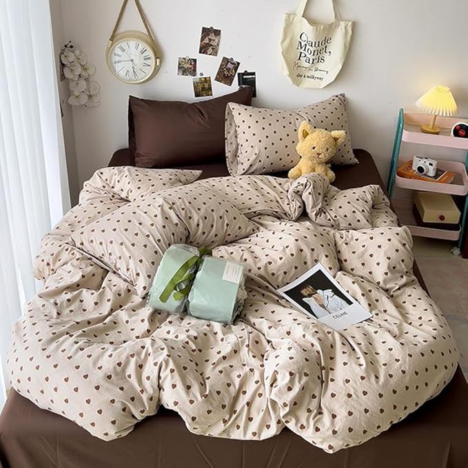 Nayoroom Brown Heart Duvet Cover King Size Vintage Hearts Printed on Taupe Duvet Cover Kids Girls 3 Pieces Soft Microfiber Farmhouse Bedding Set with Zipper Closure