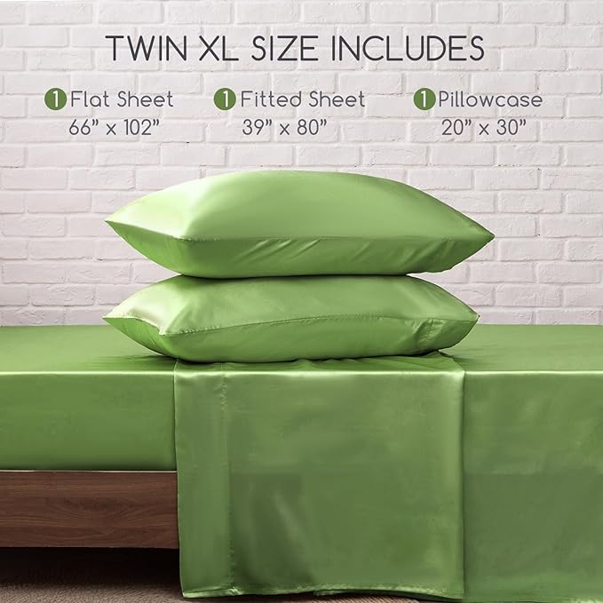 MR&HM Satin Bed Sheets, Twin XL Size Sheets Set, 3 Pcs Silky Bedding Set with 15 Inches Deep Pocket for Mattress (Twin XL, Sage)