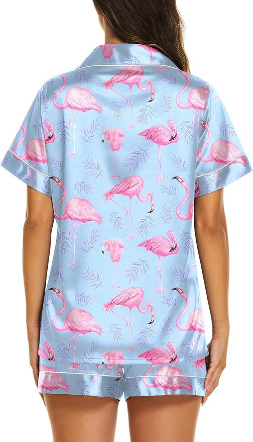 Ekouaer Silk Pajamas for Women Short Sleeve Sleepwear Soft Button Down Loungewear 2 Piece Satin Pjs Shorts Set