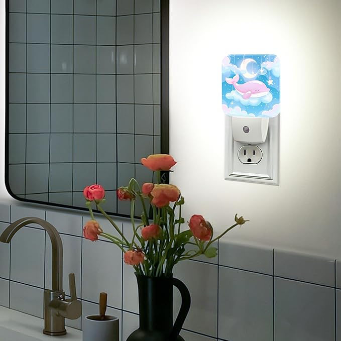 Whale Night Lights Plug Into Wall, Cute Playful Moon Stars Summer Peach Energy Saving Automatic Led Night Lights for Bedroom Bathroom Hallway Kitchen Decor 1pcs