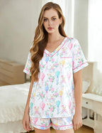 ASTANFY Valentines Day Pajamas Women 2 Piece Silk Valentine Pjs Cute Heart Pajamas V Neck Satin Sleepwear Loungewear Set