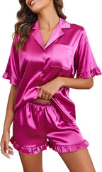 Ekouaer Satin Pajama Set for Women Button Down Silk 2 Piece Pj Sets Ruffle Short Sleeve Sleepwear