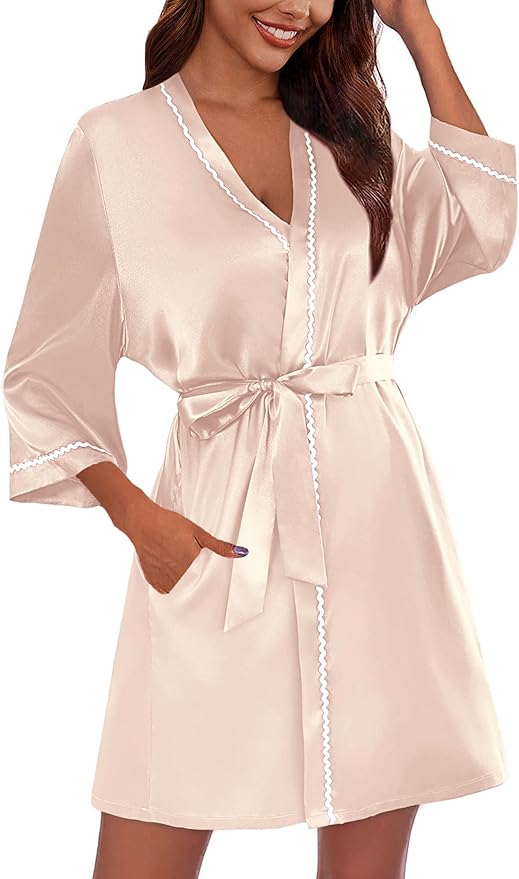 Ekouaer Women's Satin Robe Short Bridesmaid Bride Feather Bridal Robe Kimono Silky Long Sleeve Bathrobe S-XXL