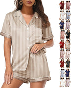 WJing Yi Jia Womens Silk Satin Pajamas Loungewear Two-Piece Sleepwear Button-Down Floral Pj Set XS-4XL