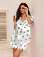 Ekouaer Womens Satin Silk Pajamas Set Short Sleeve Sleepwear Button Down Top and Shorts Loungewear 2 Piece Pjs Set S-XXL