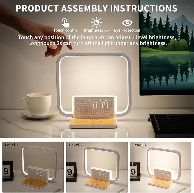 RETEYUNG Sunrise Alarm Clock for Heavy Sleepers,Touch Desk Lamps for Nightstand with Wireless Charger Station for iPhone/Samsung,Sound Machine,Wake Up Light/Snooze/Timer/10 Natural Sounds/3 Dimmable