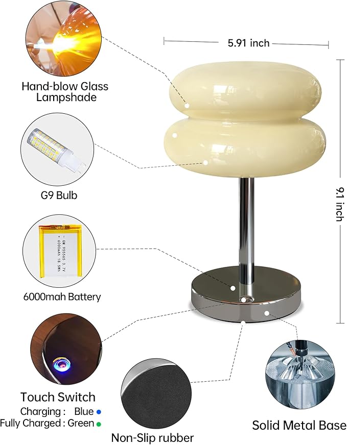 Mushroom Table Lamp for Bedroom, Cordless Mid Century Modern Lamp, Cute Egg Tart Small Night Light, 5000mAh Rechargeable Table Light for Living Room Nightstand Home Mushroom Decor Aesthetic (Cream)