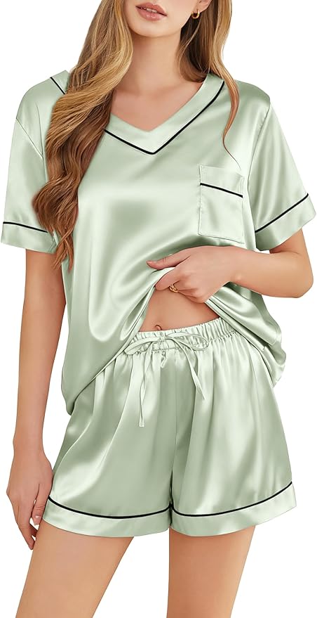 Silk Pajamas for Women Short Sleeve Satin 2 Piece Pj Set Soft V Neck Sleepwear Loungewear, S-XXL