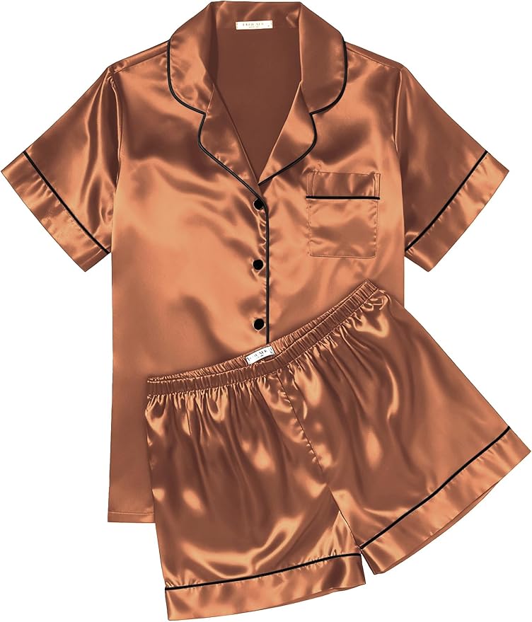 Ekouaer Womens Silk Satin Pajama Sets Soft Short Sleeve Button Down Sleepwear Top and Shorts 2 Piece Pjs Lounge Set