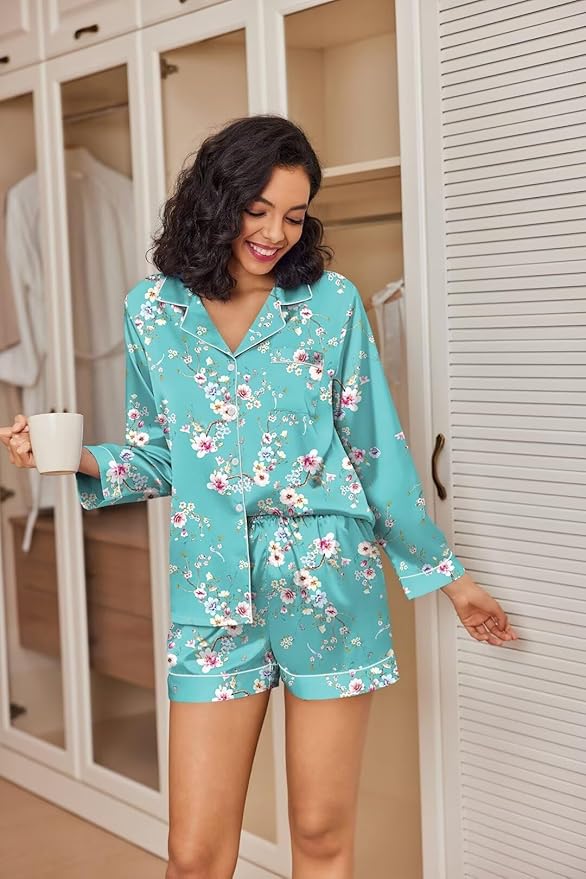 Ekouaer Satin Pajama Set for Women Button Down Pj Set Long Sleeve Top and Shorts 2 Piece Loungewear Summer Soft Sleepwear