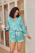 Ekouaer Satin Pajama Set for Women Button Down Pj Set Long Sleeve Top and Shorts 2 Piece Loungewear Summer Soft Sleepwear