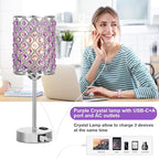Hong-in Purple Lamps for Night Stands-Crystal Table Lamp with USB-C+A & AC Charging Ports, 3-Way Dimmable Nightstand Touch Lamp, Bedside Desk lamp for Bedroom Living Room Home Office