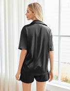 Ekouaer Pajamas for Women Silk Satin Pjs Soft Sleepwear Short Sleeve Button Down Pjs Top and Shorts 2 Piece Lounge Set S-XXL