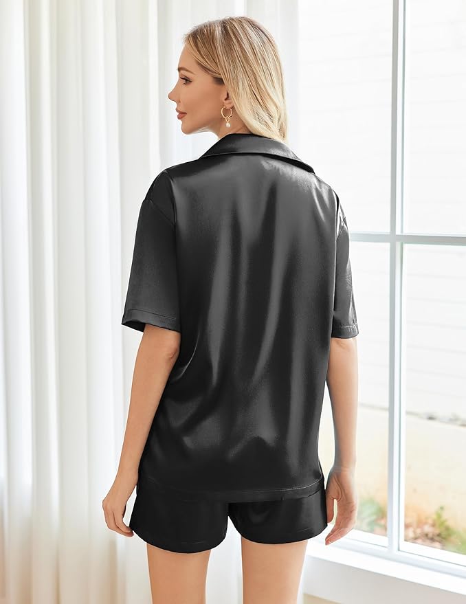 Ekouaer Pajamas for Women Silk Satin Pjs Soft Sleepwear Short Sleeve Button Down Pjs Top and Shorts 2 Piece Lounge Set S-XXL