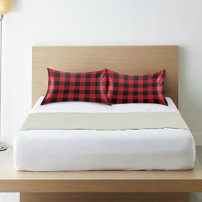 Christmas and New Year Buffalo Plaid Satin Pillowcase for Hair and Skin, Red and Black Buffalo Check Plaid Silk Pillow Case with Envelope Closure, Queen Size 20x30 inches, 1 PC