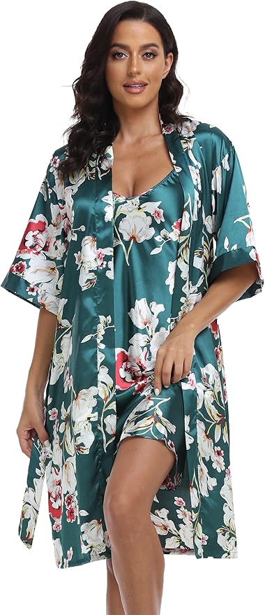 Women's Satin Robes Set with Nightgown Silk Kimono Pajamas 2 Piece Sleepwear Camisole Wedding Bride Gown Set