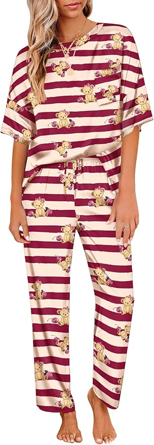Ekouaer Womens Satin Silky Pajama Set Short Sleeve Shirt with Long Pajama Pant Set Soft PJ Loungewear