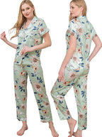 WJing Yi Jia Womens Pajamas Set XS-4XL Floral Silk Satin Pajama Sets Silky Pj Sets 2Pcs Loungewear Sleepwear Button Down Pjs