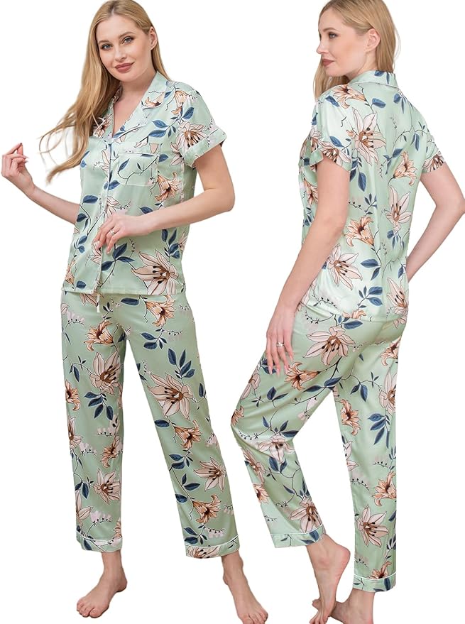 WJing Yi Jia Womens Pajamas Set XS-4XL Floral Silk Satin Pajama Sets Silky Pj Sets 2Pcs Loungewear Sleepwear Button Down Pjs