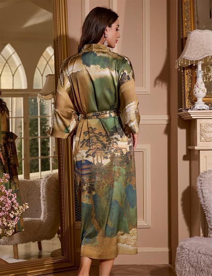 Kihnop Women's Floral Long Kimono Robe Long Satin Robe Long Silk Robe Ladies Kimonos Silky Bathrobe Cover Up, One Size