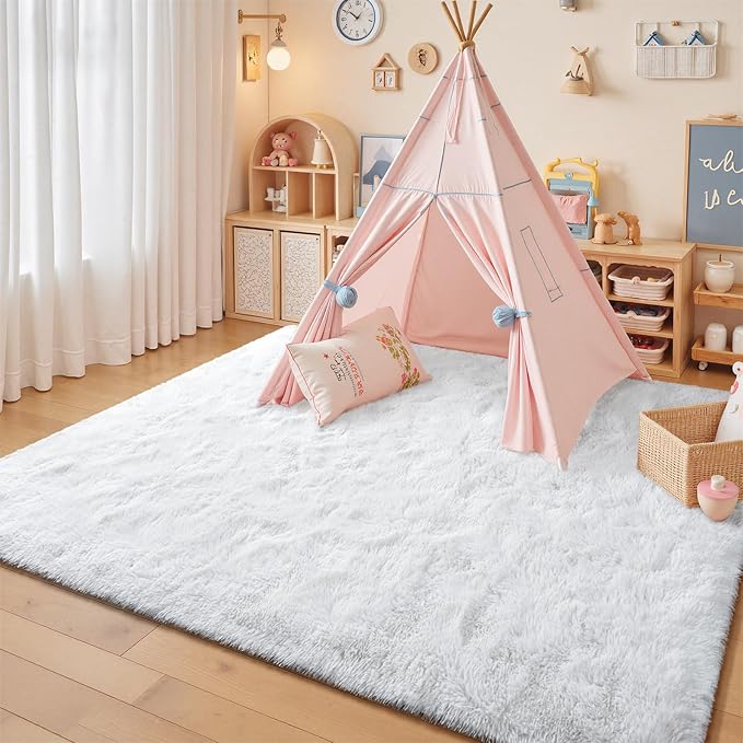 junovo 8x10 White Washable Area Rug for Girls Bedroom Living Room, Soft Non-Slip Fluffy Rugs, Shag Plush Memory Foam Carpet for Kids Room Baby Nursery Home Decor