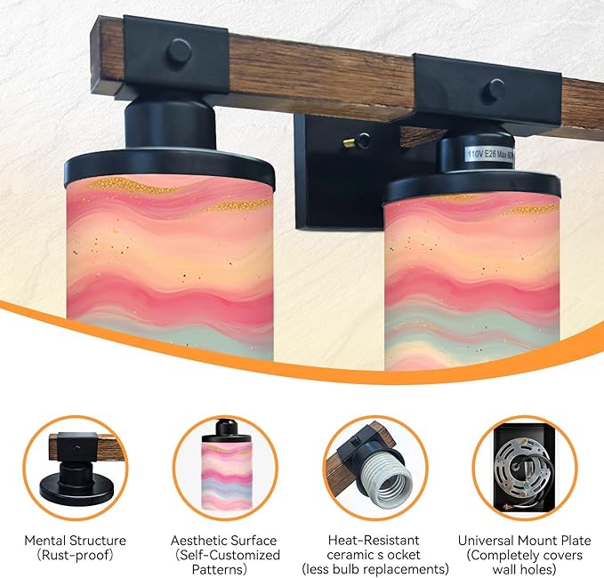 Vanity Lights for Bathroom Wall Lights for Bedroom Living Room Pink Blue Abstract Marble Waves Gold Glitter Accents Modern Bathroom Light Fixtures Wall Sconces 3 Light Home Decor