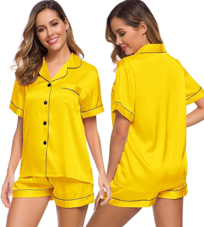SWOMOG Womens Silk Satin Pajamas Set Short Sleeve Sleepwear Button Down Top and Shorts Loungewear 2 Piece Pjs Set XS-3XL