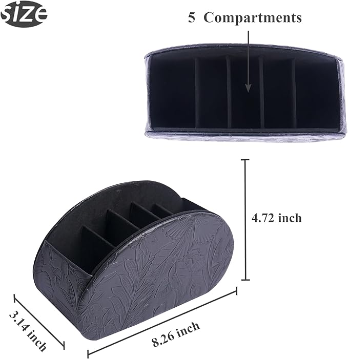 QIELIZI Remote Control Holder, PU Leather Remote Caddy Desktop Organizer with 5 Spacious Compartments for TV Remotes/Media Controllers/Office Supplies (1-Carved Black